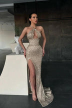 Shiny Halter Slim Prom Dress with Side Split & Sweep Train by misshow.com