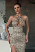 Shiny Halter Slim Prom Dress with Side Split & Sweep Train by misshow.com