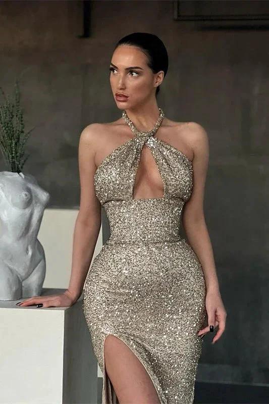 Shiny Halter Slim Prom Dress with Side Split & Sweep Train by misshow.com