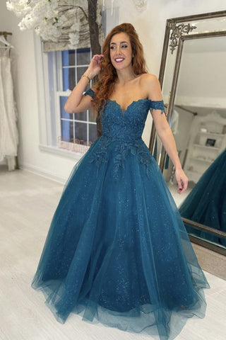 Vestidos de fiesta formales de tul con encaje y hombros descubiertos, largos y brillantes, de corte A