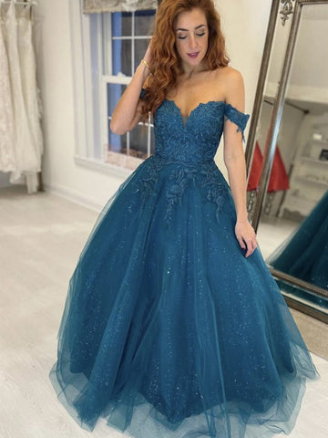 Vestidos de fiesta formales de tul con encaje y hombros descubiertos, largos y brillantes, de corte A