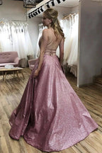 Shiny Long A-line Spaghetti Straps Open Back Formal Evening Dresses by BIZTUNNEL