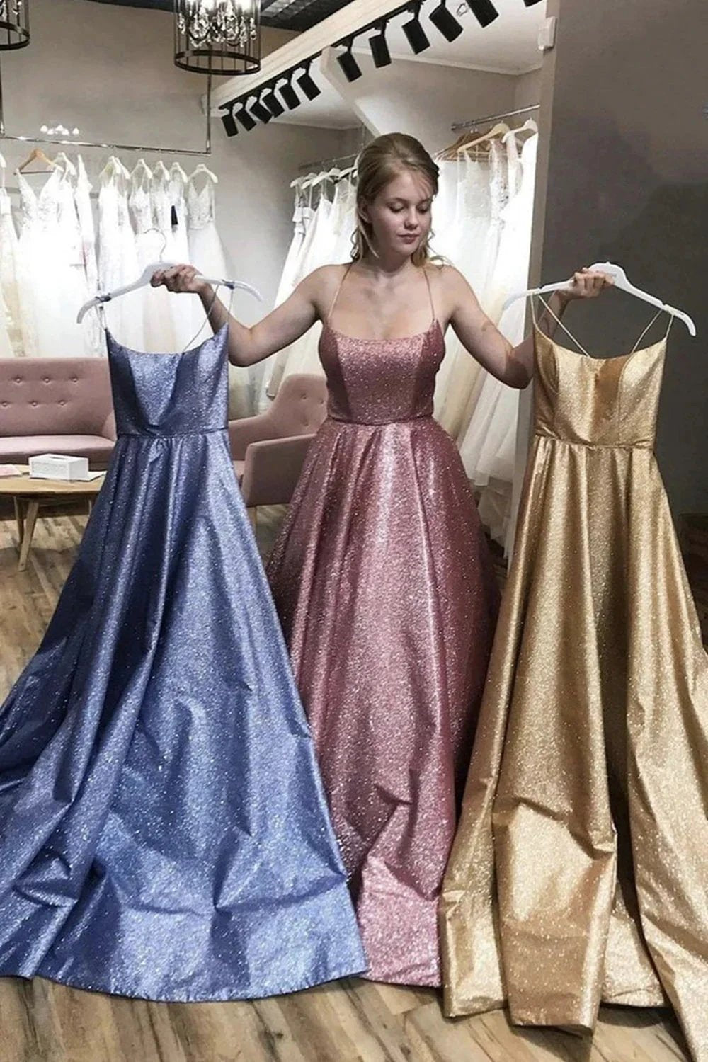 Shiny Long A-line Spaghetti Straps Open Back Formal Evening Dresses by BIZTUNNEL