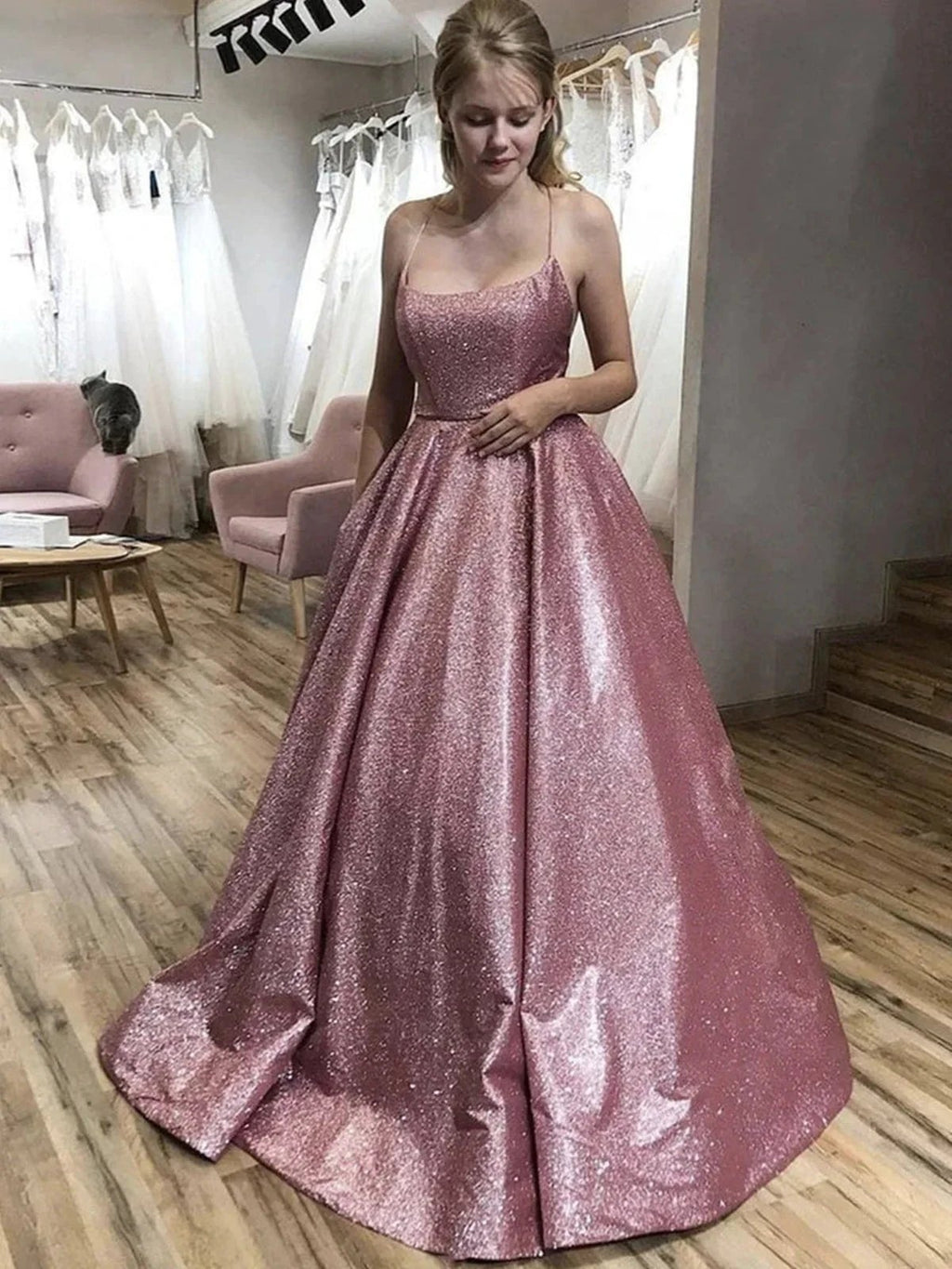 Shiny Long A-line Spaghetti Straps Open Back Formal Evening Dresses by BIZTUNNEL