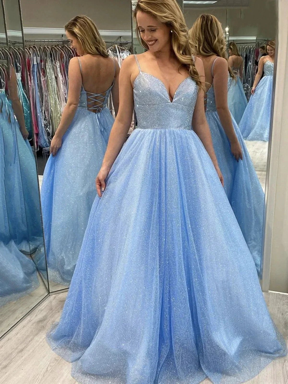Shiny Long A-line Sweetheart Tulle Backless Formal Graduation Prom Dresses by BIZTUNNEL