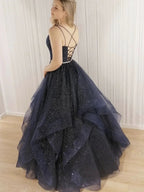 Shiny Long A-line V-neck Tulle Beading Open Back Formal Prom Dresses by BIZTUNNEL