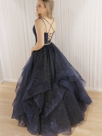 Vestidos de fiesta formales brillantes de corte A largo con escote en V, tul con cuentas y espalda abierta