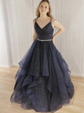 Shiny Long A-line V-neck Tulle Beading Open Back Formal Prom Dresses by BIZTUNNEL