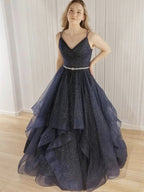 Shiny Long A-line V-neck Tulle Beading Open Back Formal Prom Dresses by BIZTUNNEL