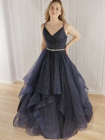 Vestidos de fiesta formales brillantes de corte A largo con escote en V, tul con cuentas y espalda abierta