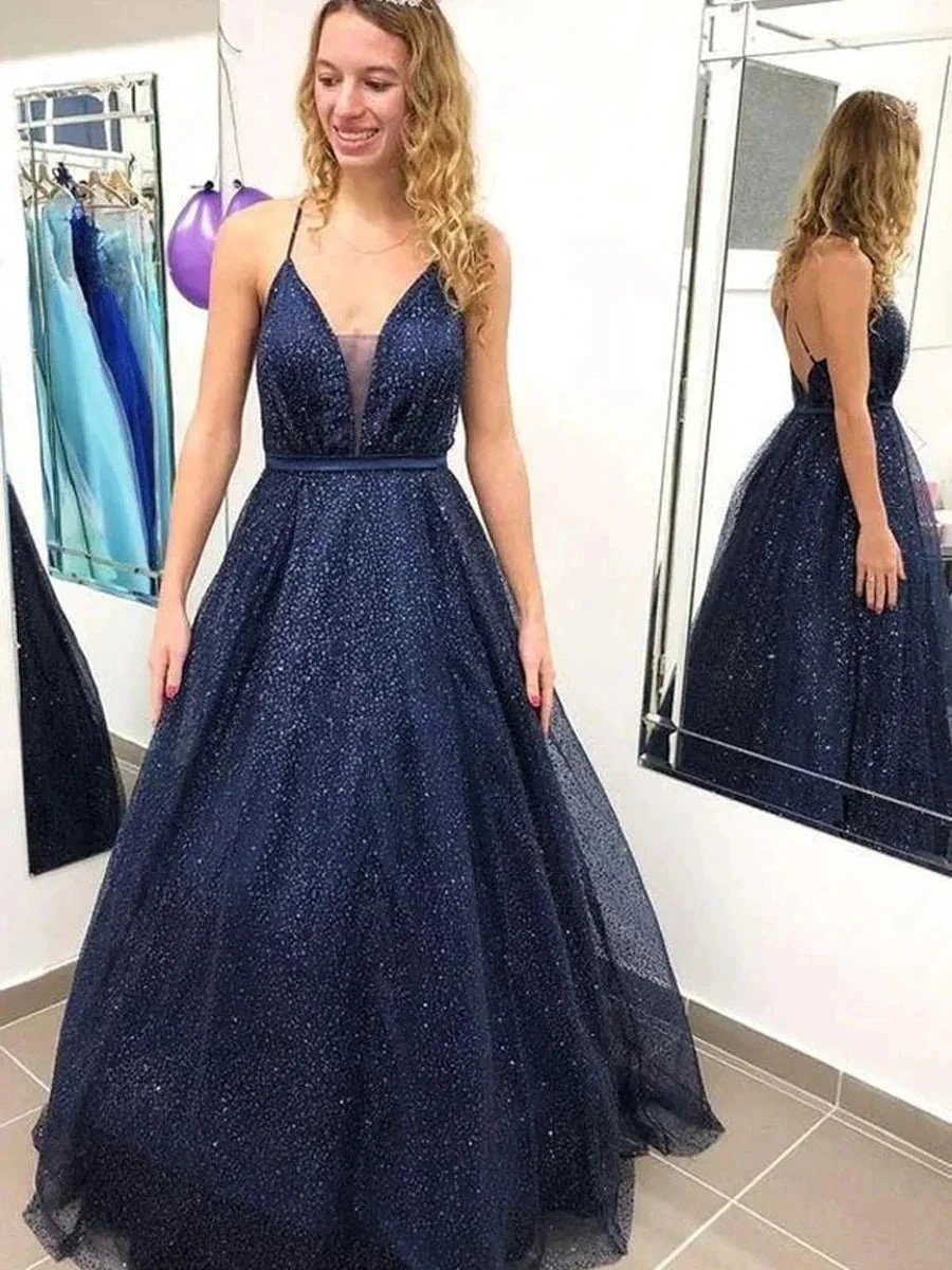 Shiny Long A-line V-neck Tulle Open Back Sparkly Graduation Prom Dresses by BIZTUNNEL