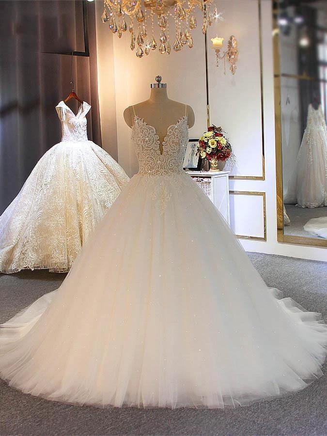 Shiny Long Ball Gown Sweetheart Spaghetti Strap Lace Tulle Wedding Dresses by BIZTUNNEL