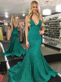 Shiny Long Mermaid V Neck Backless Prom Formal Evening Dresses with Train by BIZTUNNEL