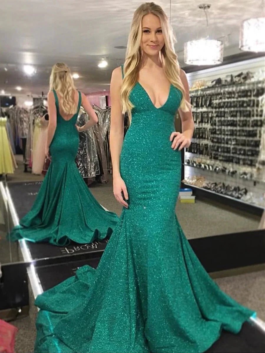 Shiny Long Mermaid V Neck Backless Prom Formal Evening Dresses with Train by BIZTUNNEL