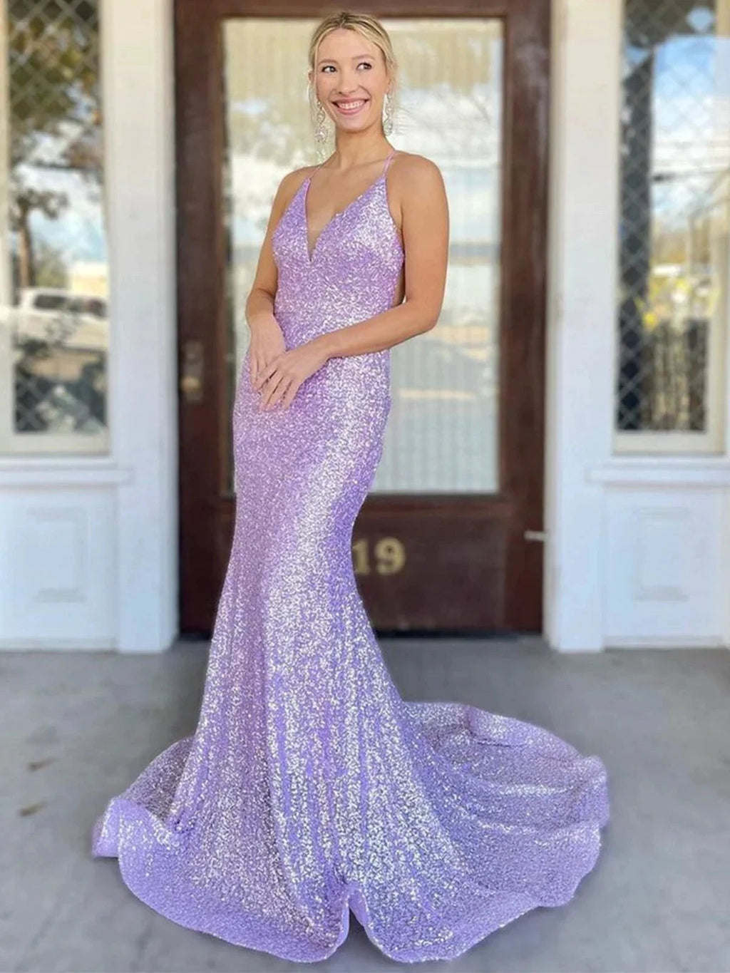 Shiny Long Mermaid V-neck Backless Sequins Formal Evening Prom Dresses by BIZTUNNEL