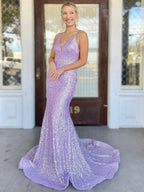 Shiny Long Mermaid V-neck Backless Sequins Formal Evening Prom Dresses by BIZTUNNEL