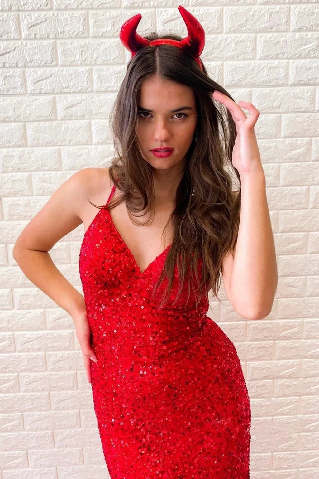 Shiny Red Long Mermaid V-neck Sequined Backless Formal Prom Dresses by BIZTUNNEL