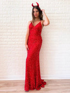 Shiny Red Long Mermaid V-neck Sequined Backless Formal Prom Dresses by BIZTUNNEL