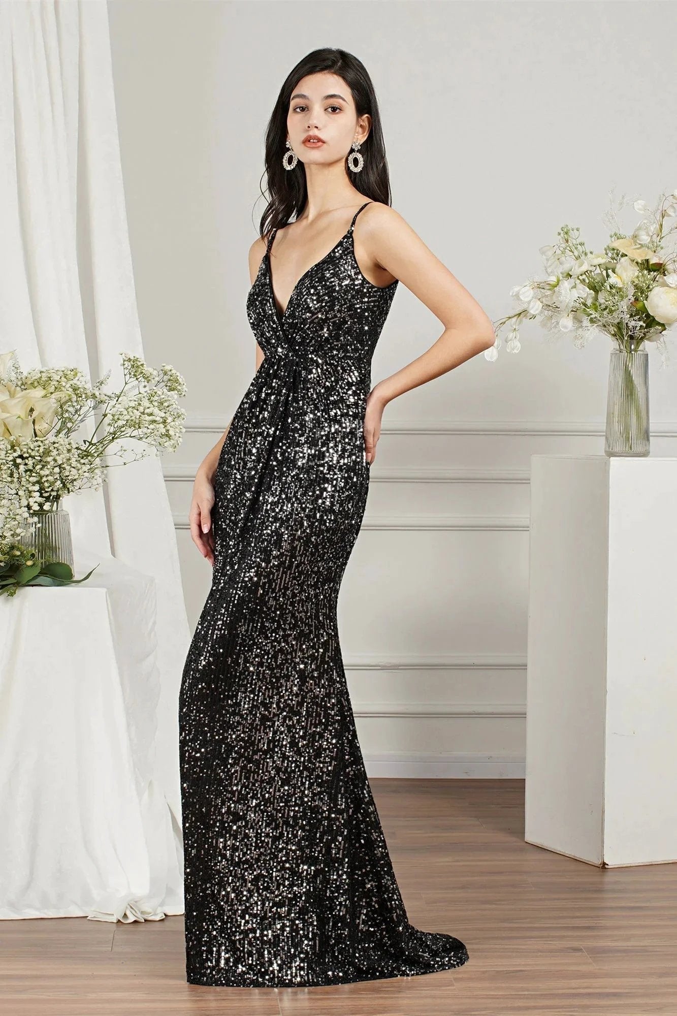 Shiny Sequins Spaghetti Straps V-neck Floor-length Mermaid Bridesmaid/Prom Dress by misshow.com