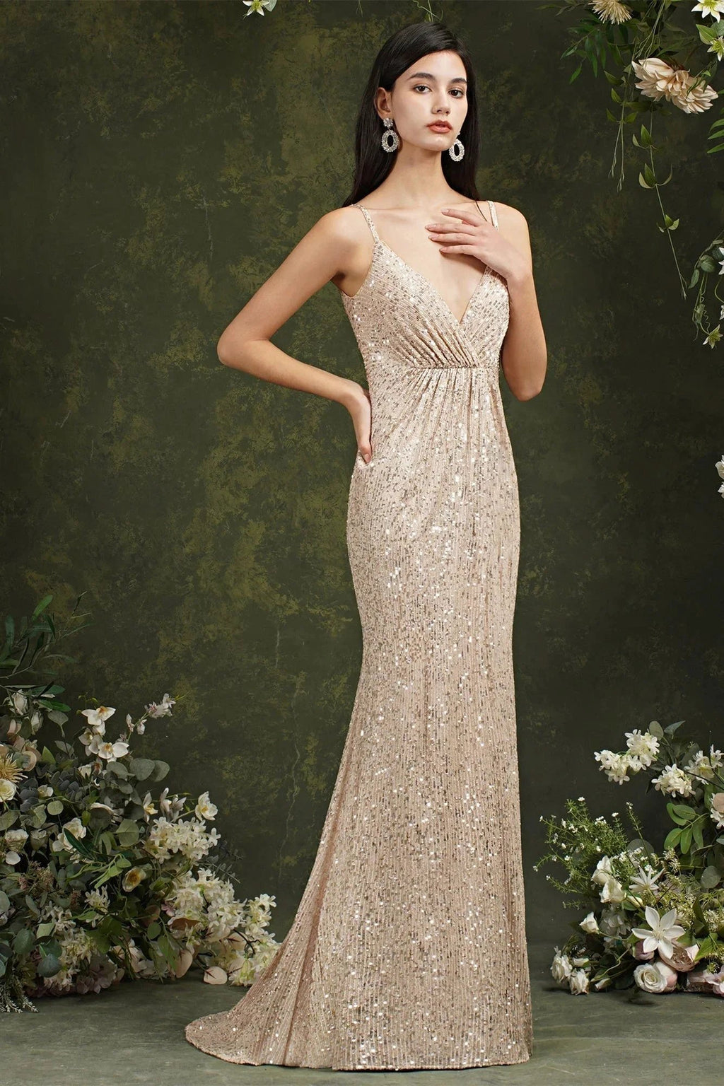 Shiny Sequins Spaghetti Straps V-neck Floor-length Mermaid Bridesmaid/Prom Dress by misshow.com