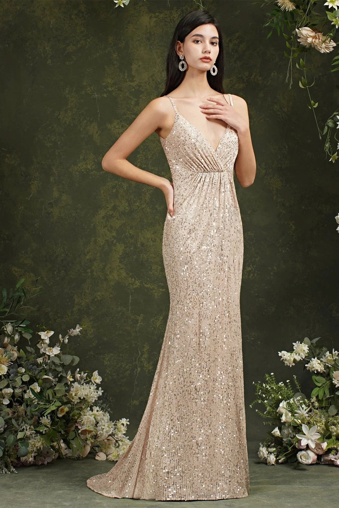 Shiny Sequins Spaghetti Straps V-neck Floor-length Mermaid Bridesmaid/Prom Dress by misshow.com