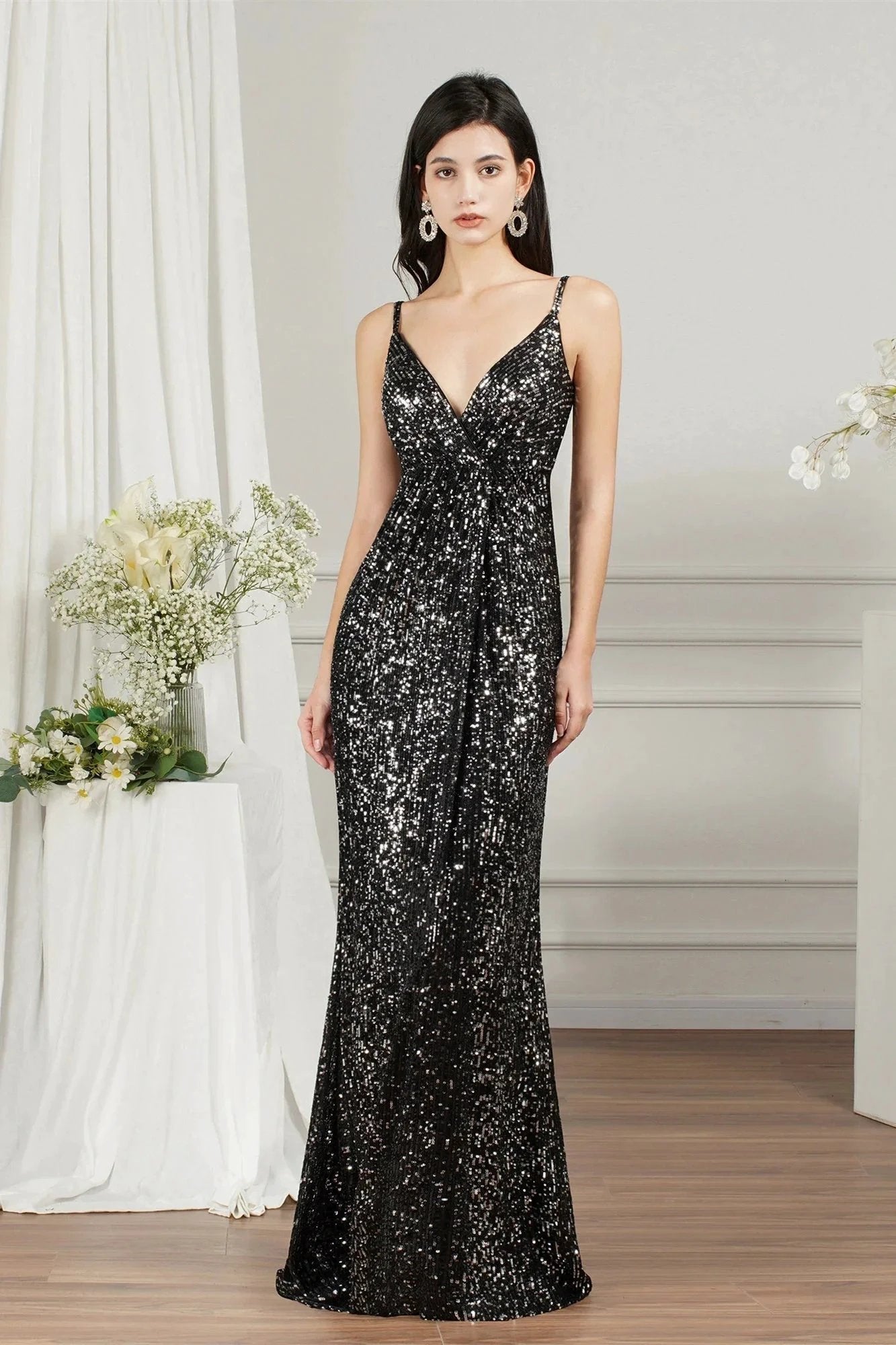 Shiny Sequins Spaghetti Straps V-neck Floor-length Mermaid Bridesmaid/Prom Dress by misshow.com
