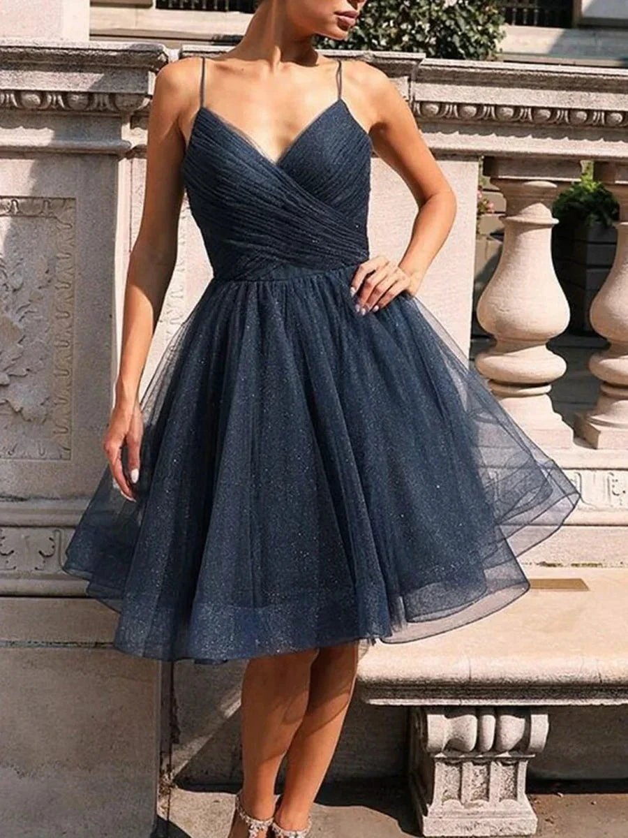 Shiny Short A-line V-neck Spaghetti Straps Tulle Formal Homecoming Dresses by BIZTUNNEL