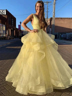 Shiny Yellow Long A-line V-neck Fluffy Tulle Graduation Prom Dresses by BIZTUNNEL