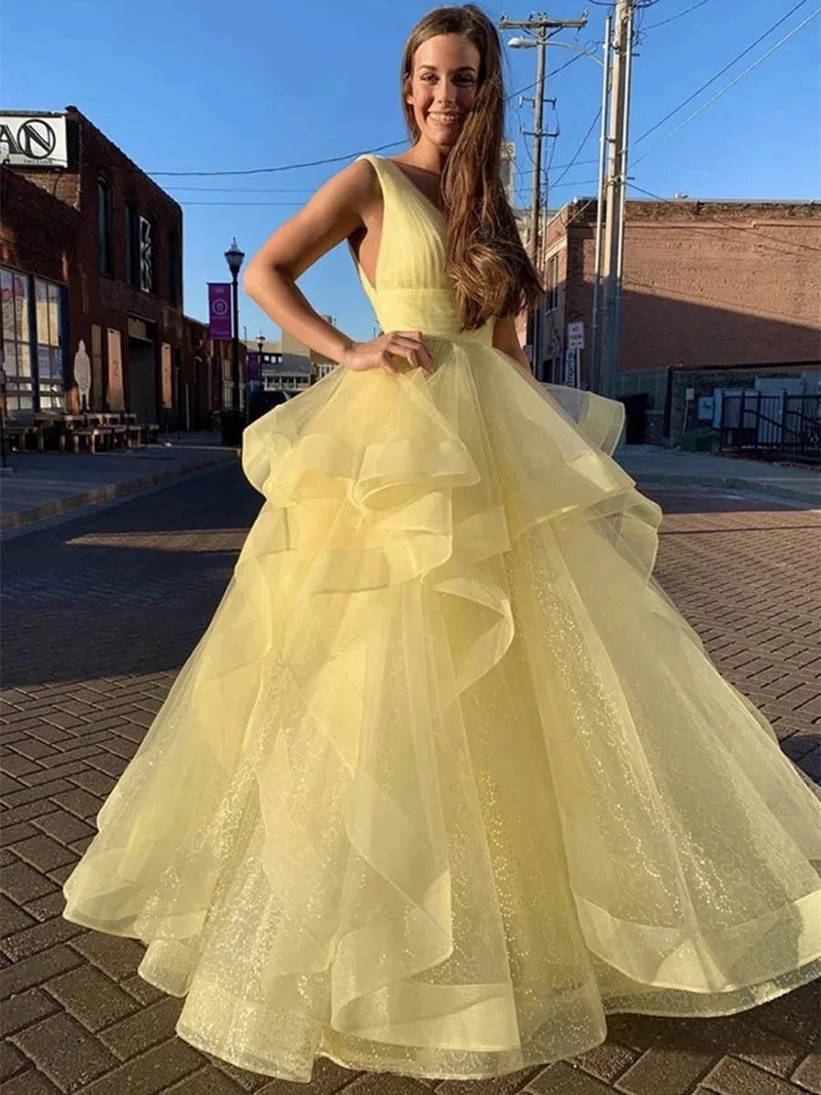 Shiny Yellow Long A-line V-neck Fluffy Tulle Graduation Prom Dresses by BIZTUNNEL