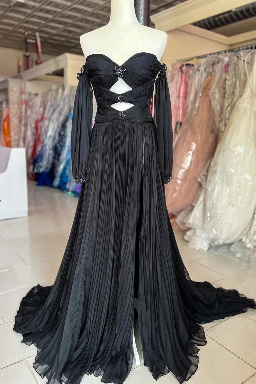 Ana | Hunter Green Rhinestones Strapless A-Line Prom Dress with Sleeves by KissProm
