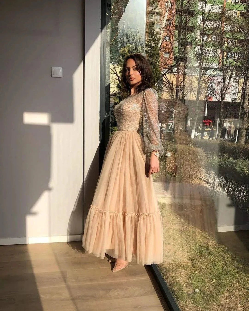 Short A-line Bateau Sequins Tea-length Tulle Prom Dresses with Sleeves by BIZTUNNEL