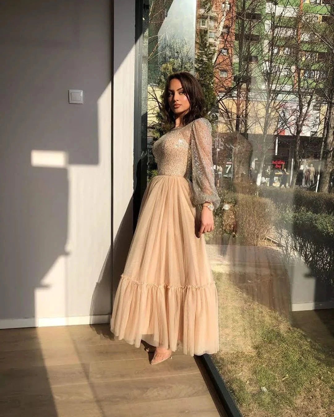Short A-line Bateau Sequins Tea-length Tulle Prom Dresses with Sleeves by BIZTUNNEL