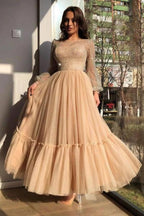Short A-line Bateau Sequins Tea-length Tulle Prom Dresses with Sleeves by BIZTUNNEL