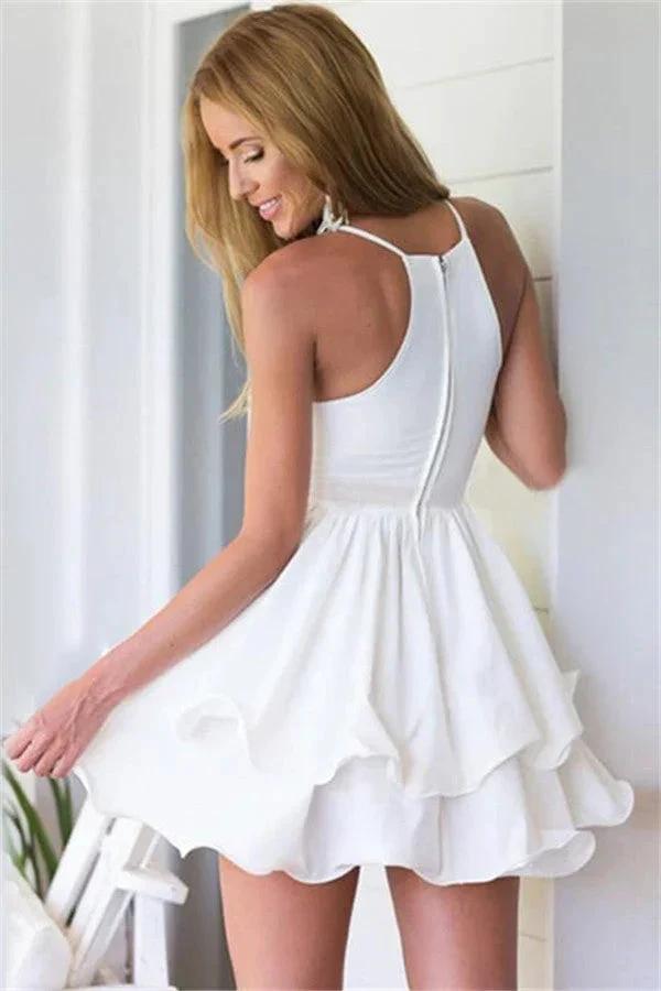 Short A-line Chiffon V-Neck Layer White Homecoming Dress by BIZTUNNEL