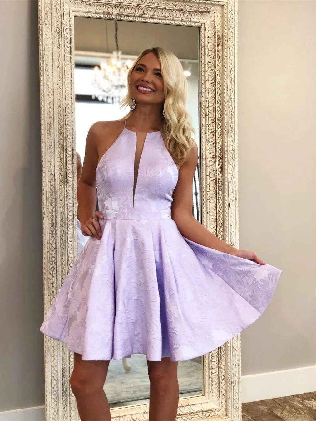 Short A-Line Deep V-Neck Halter Sleeveless Homecoming Dress by BIZTUNNEL