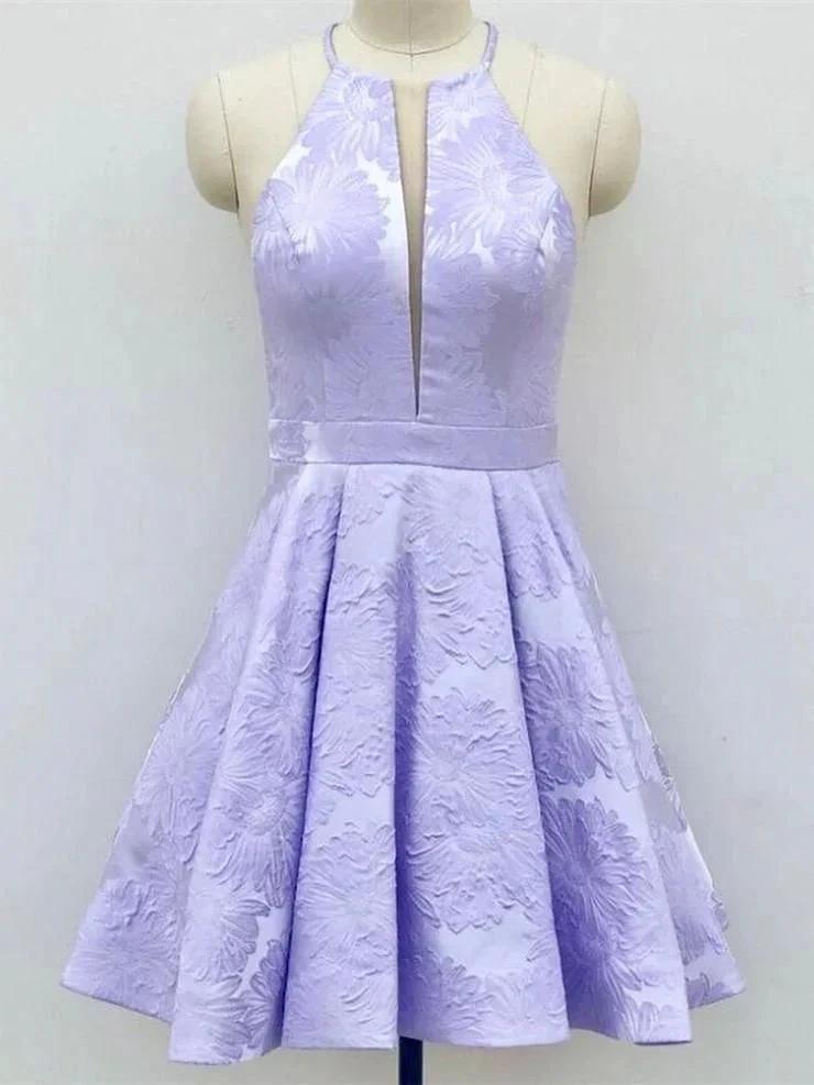 Short A-Line Deep V-Neck Halter Sleeveless Homecoming Dress by BIZTUNNEL