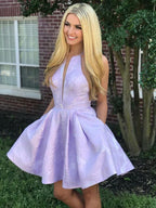 Short A-Line Deep V-Neck Halter Sleeveless Homecoming Dress by BIZTUNNEL