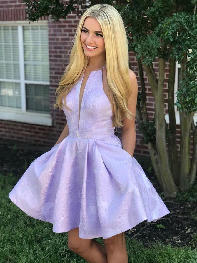 Short A-Line Deep V-Neck Halter Sleeveless Homecoming Dress by BIZTUNNEL
