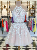 Short A-line Halter Lace Tulle Backless Homecoming Prom Dresses by BIZTUNNEL