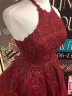 Short A-line Halter Lace Tulle Backless Prom Homecoming Dresses by BIZTUNNEL