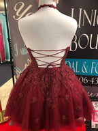 Short A-line Halter Lace Tulle Backless Prom Homecoming Dresses by BIZTUNNEL