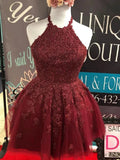 Short A-line Halter Lace Tulle Backless Prom Homecoming Dresses by BIZTUNNEL
