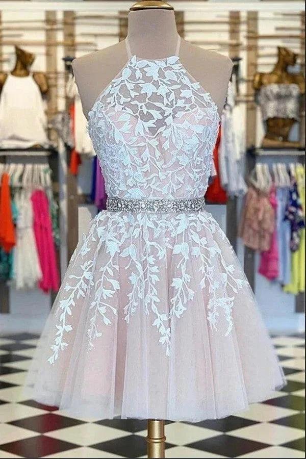 Short A-line Halter Lace Tulle Prom Dress With Beading Sash by BIZTUNNEL