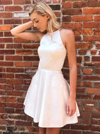 Short A-line Halter Satin Open Back Prom Homecoming Dresses by BIZTUNNEL