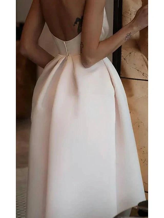 Short A-line Jewel Neck Satin Spaghetti Strap Formal Dresses with Pockets by BIZTUNNEL