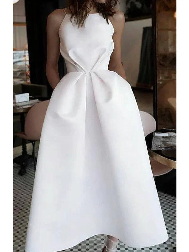 Short A-line Jewel Neck Satin Spaghetti Strap Formal Dresses with Pockets by BIZTUNNEL