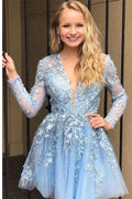 Short A-Line Lace Applique V-neck Long Sleeves Prom Dresses by misshow.com