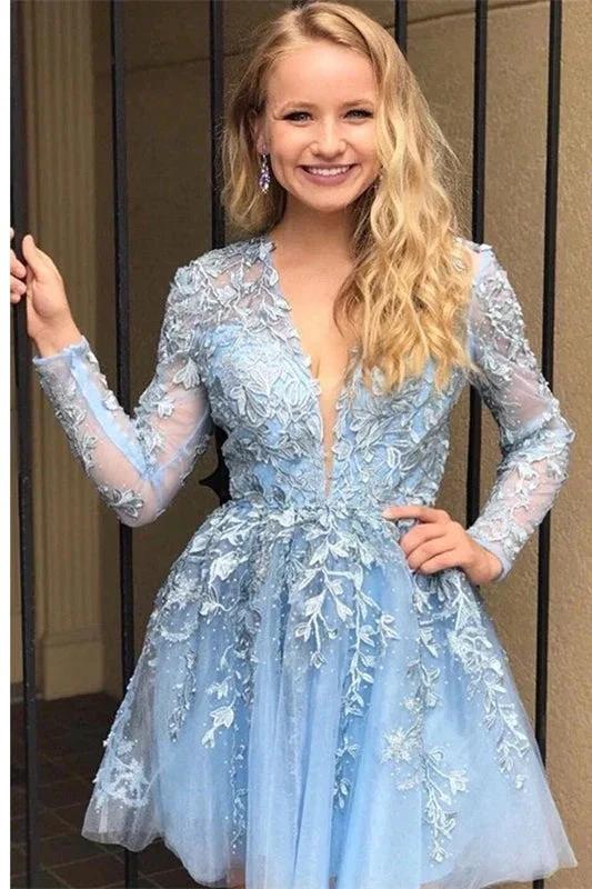 Short A-Line Lace Applique V-neck Long Sleeves Prom Dresses by misshow.com