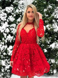 Short A-line Lace Red Long Sleeves Prom Dresses by BIZTUNNEL