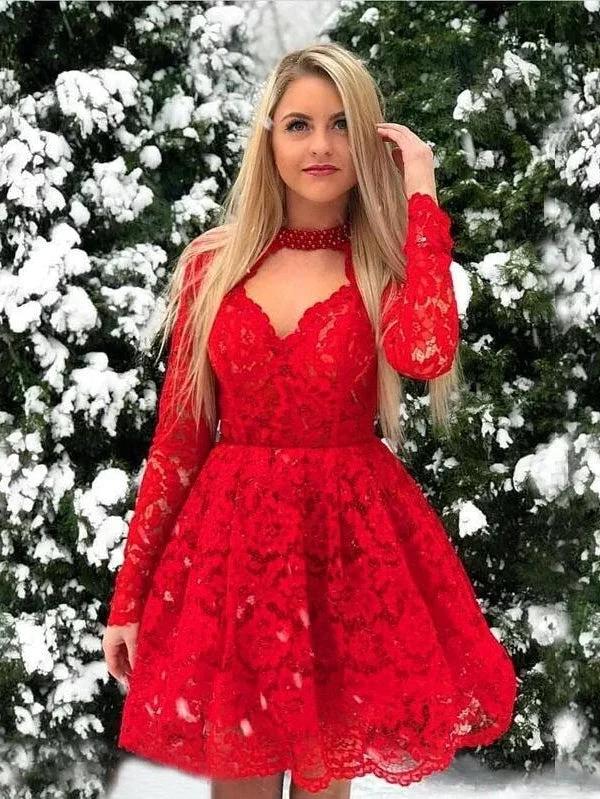 Short A-line Lace Red Long Sleeves Prom Dresses by BIZTUNNEL
